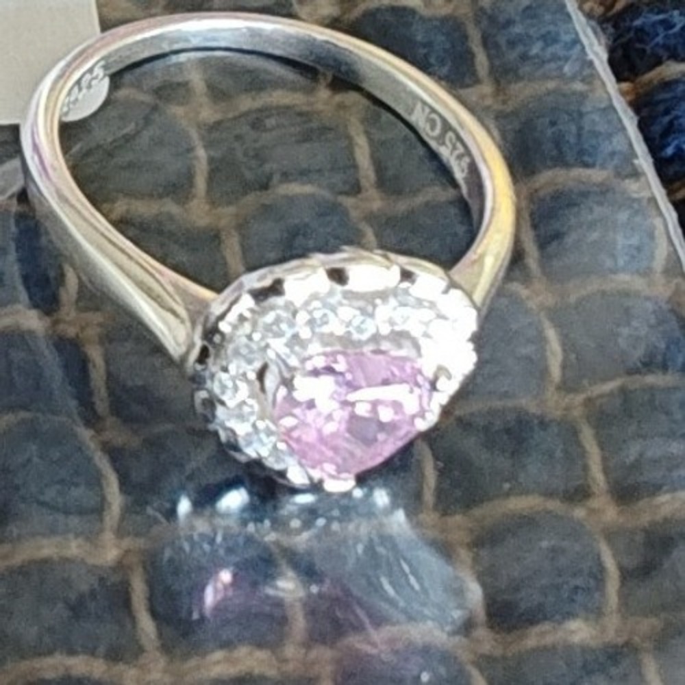 Silver and Pink Heart Ring Halo Size 5